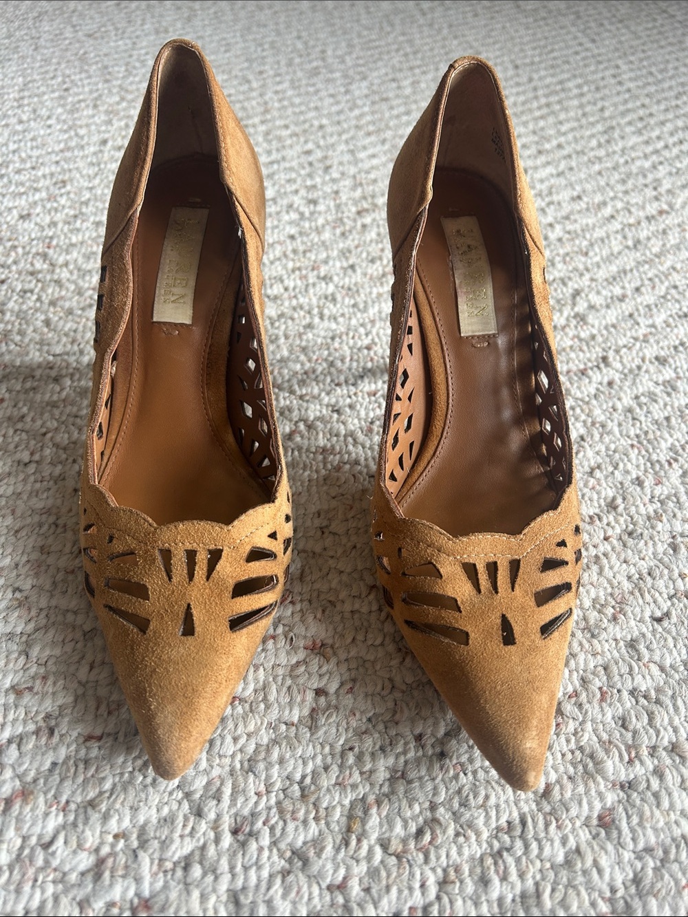 Ralph Lauren Suede Pointed Toe Cutout Pumps - Camel